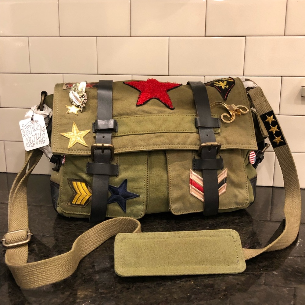NWT Free People Washed Military Messenger Bag Green Canvas Patched Distressed